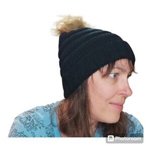 100% Black Acrylic Cable Knit Winter Hat with Pom Pom - Soft Stretch Beanie - OS